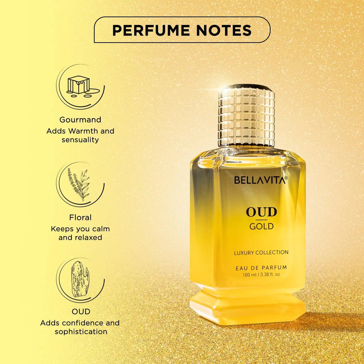 OUD GOLD Eau De Parfum (3.38 fl. oz.) | Intense Arabian Perfume for women & men | Notes : Caramel, Orris, Rose, Jasmine | Family: Woody, Gourmand, Floral, and Oud | Vegan & cruelty free OUD GOLD