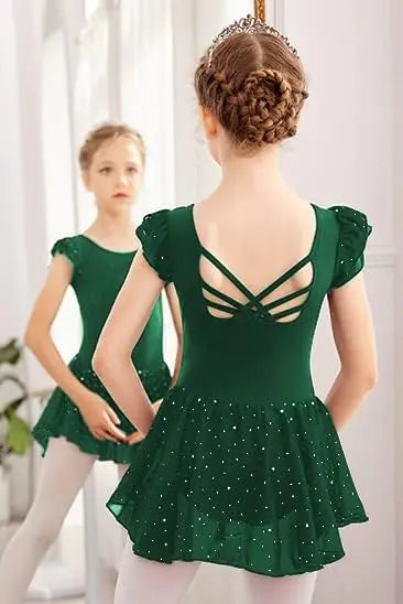 Arshiner Girls Shiny Ruffle Sleeve Ballet Leotard with Skirt Criss-Cross Back Dance Dresses 10-11 Years Dark Green