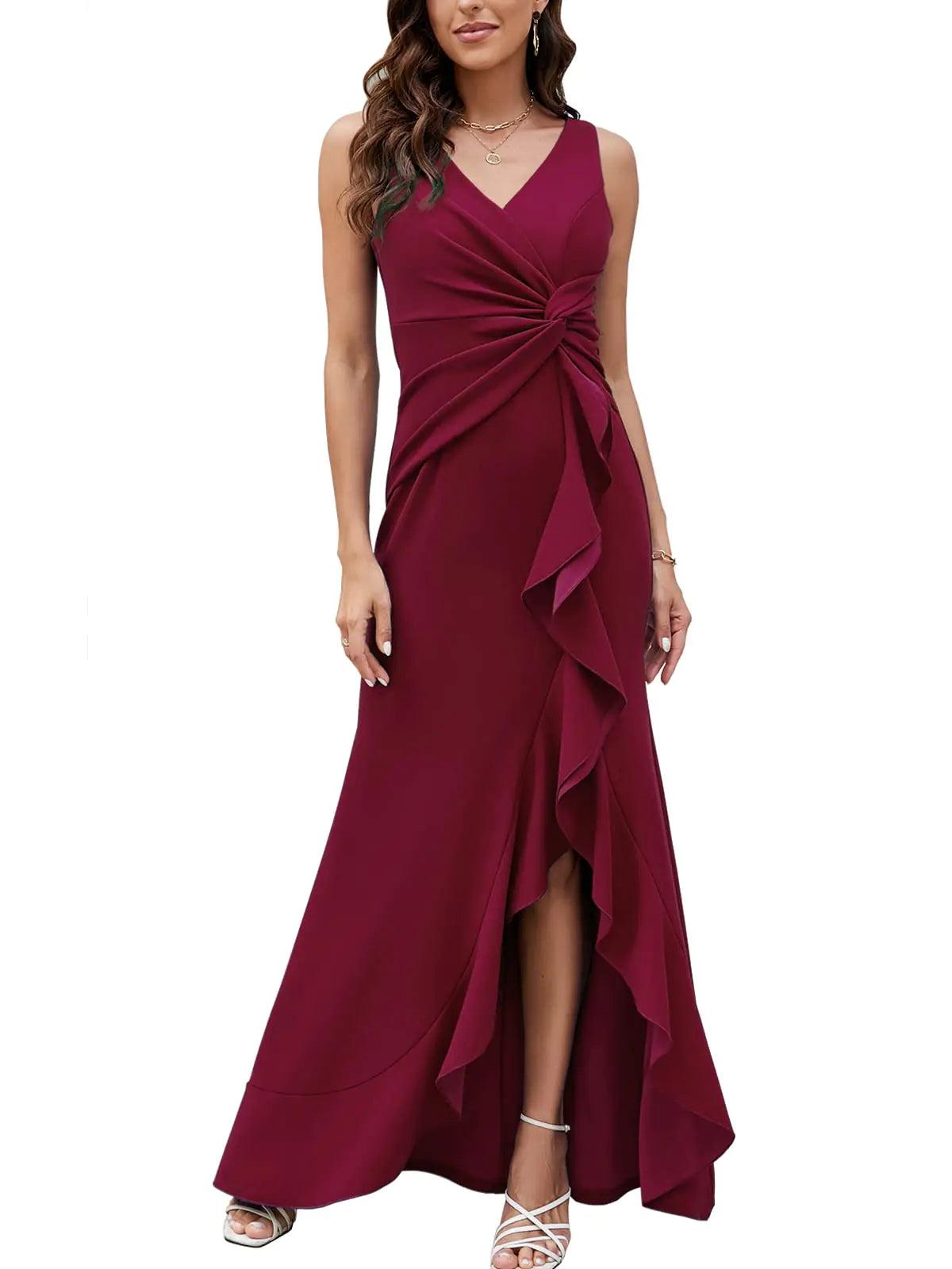 FQA Long Black Evening Gowns for Women Formal Dresses for Women Evening Party Elegant V Neck Sleeveless Split Wrap X-Large Winered