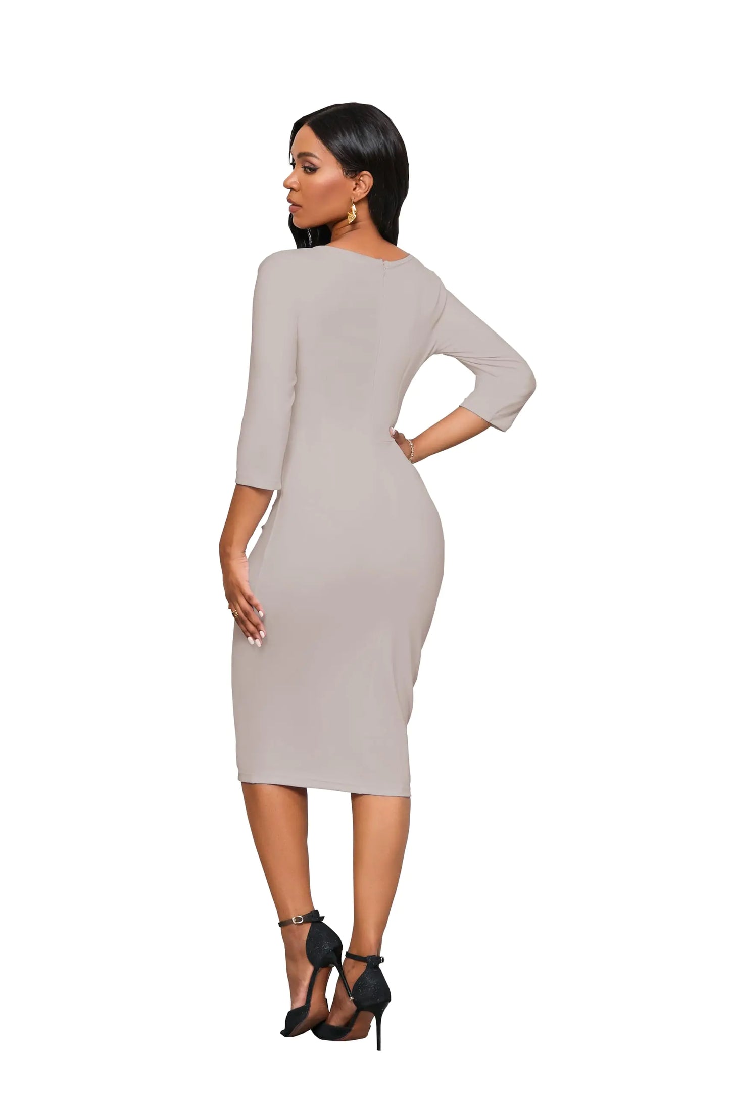 Church Dresses for Women 3/4 Sleeve Bodycon Ruffle Vintage Wear to Work Pencil Midi Dress Medium Apricot