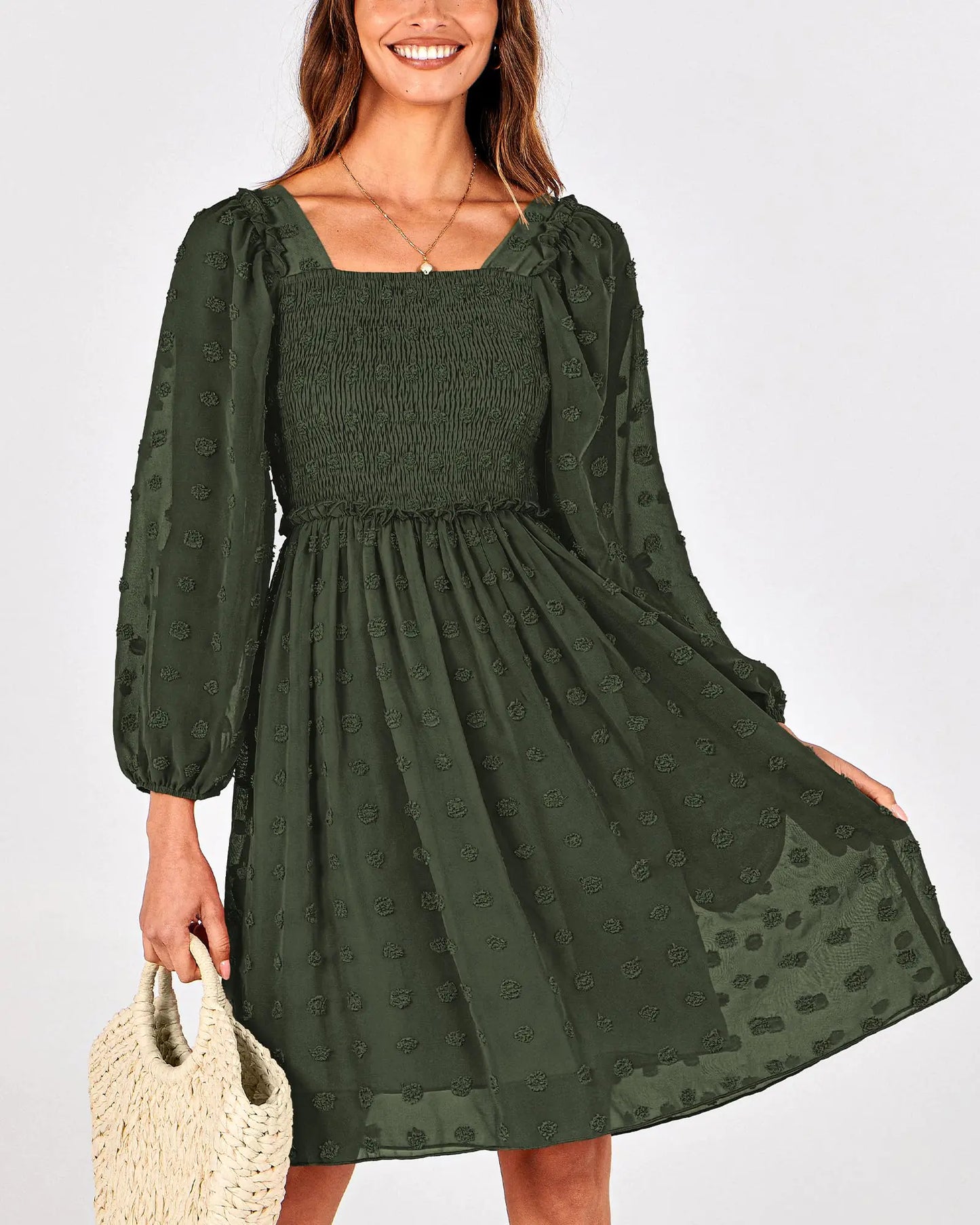 BTFBM Women Square Neck Smocked Dresses 2024 Summer Fall Long Sleeve Floral Swiss Dot Ruffle Party Mini Boho Dress Swiss Dot Army Green Small