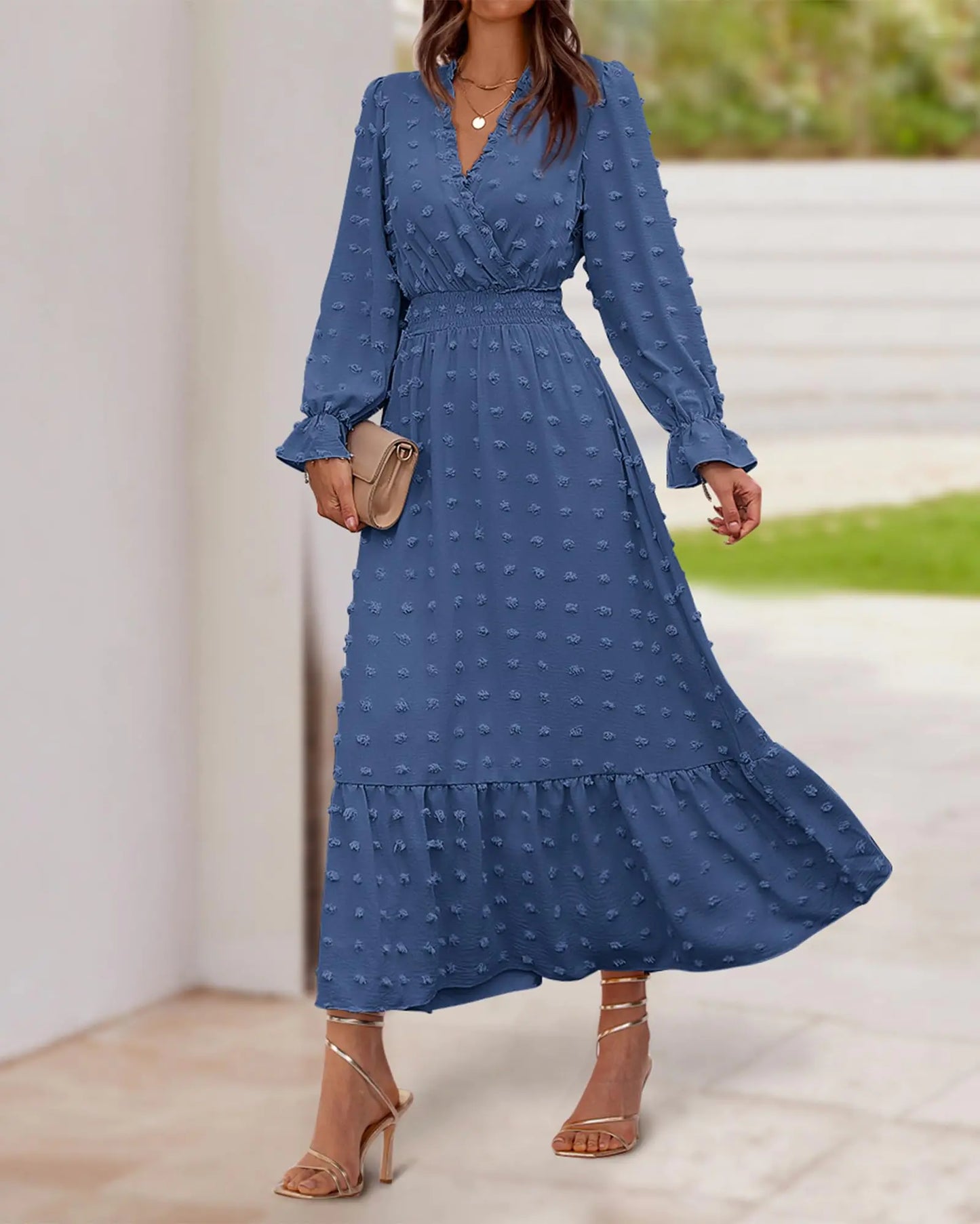 BTFBM Women Fall Dresses 2024 Long Sleeve V Neck Swiss Dots Maxi Dress Boho Long Dress High Waisted A-Line Ruffle Dress Small Solid Blue