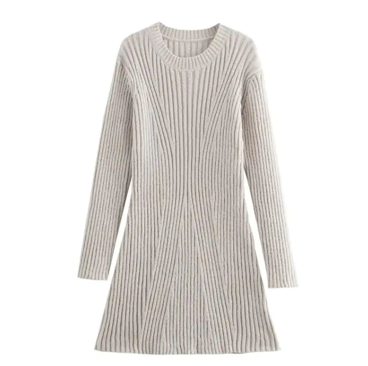 Fashion Solid Ribbed Knitted Dress Fall And Winter Slim-fit Stand-up Collar A-line Dresses Women's Clothing