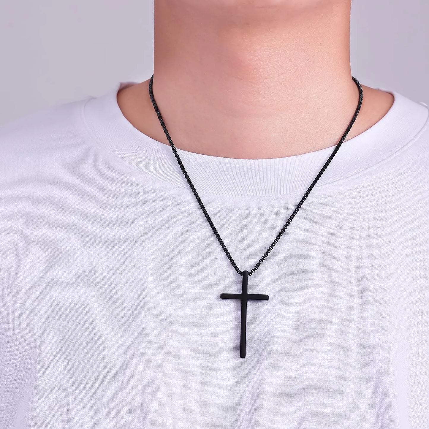 Fiusem Cross Necklace for Men, Silver/Gold/Black Mens Cross Necklaces with 2.5mm Cross Chain and Stainless Steel Cross Pendant, Box Chain 16-24 Inch 22.0 Inches Big black cross: 2.1" * 1.2"