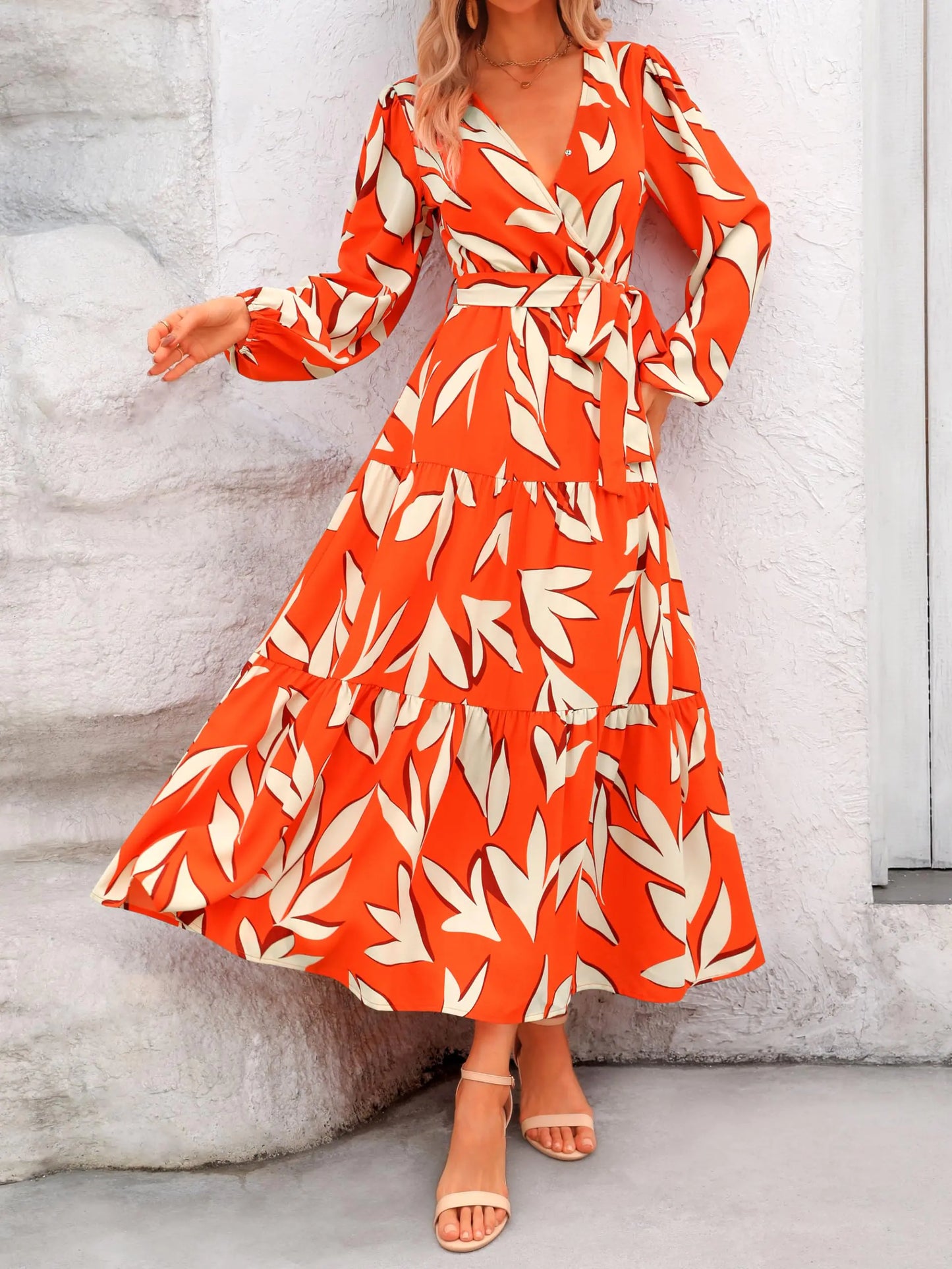 PRETTYGARDEN Womens Fall Long Sleeve Wrap V Neck Ruffle Floral Maxi Dress Casual Tie Waist Boho Chiffon Flowy Long Dresses XX-Large F-orange White