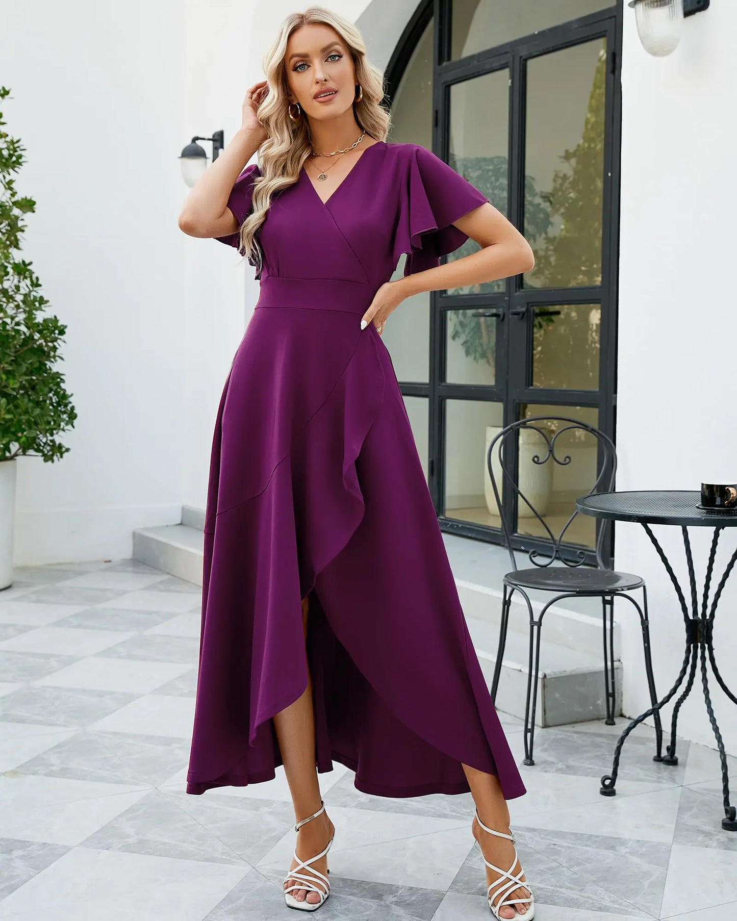 Long Black Formal Dresses for Women Gowns Evening Party Cocktail Dress,Split Elegant V Neck Wrap Ruffle Wedding Guest Dresses Large Purple