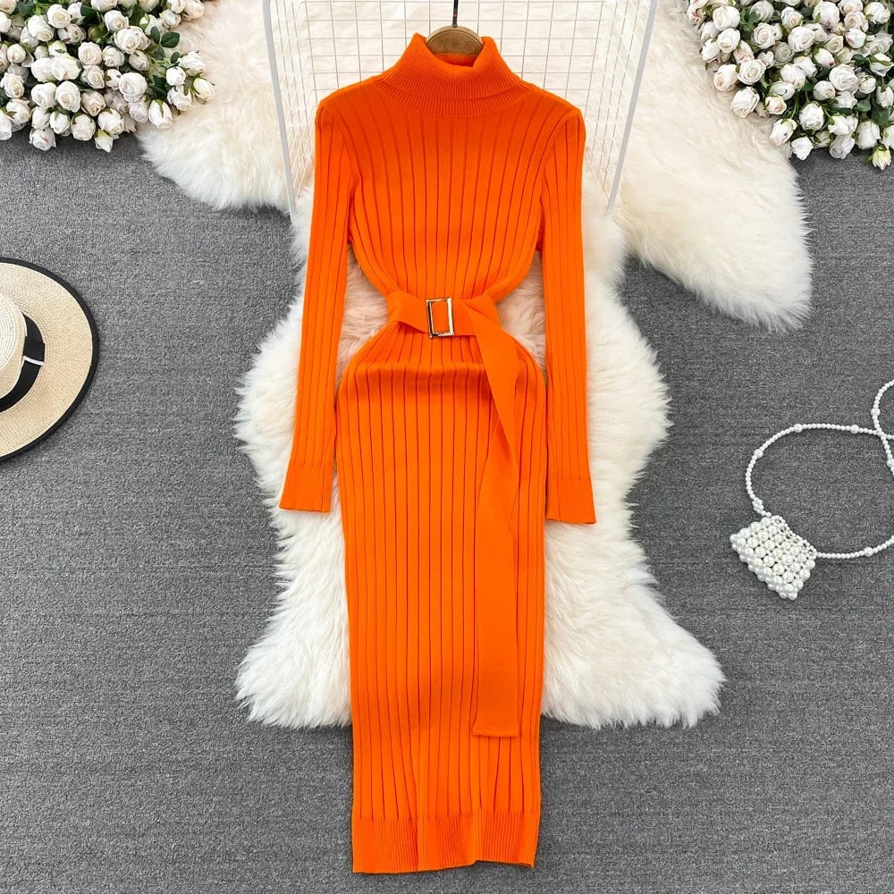 Turtleneck Sexy Wrap Hips Knitted Dresses