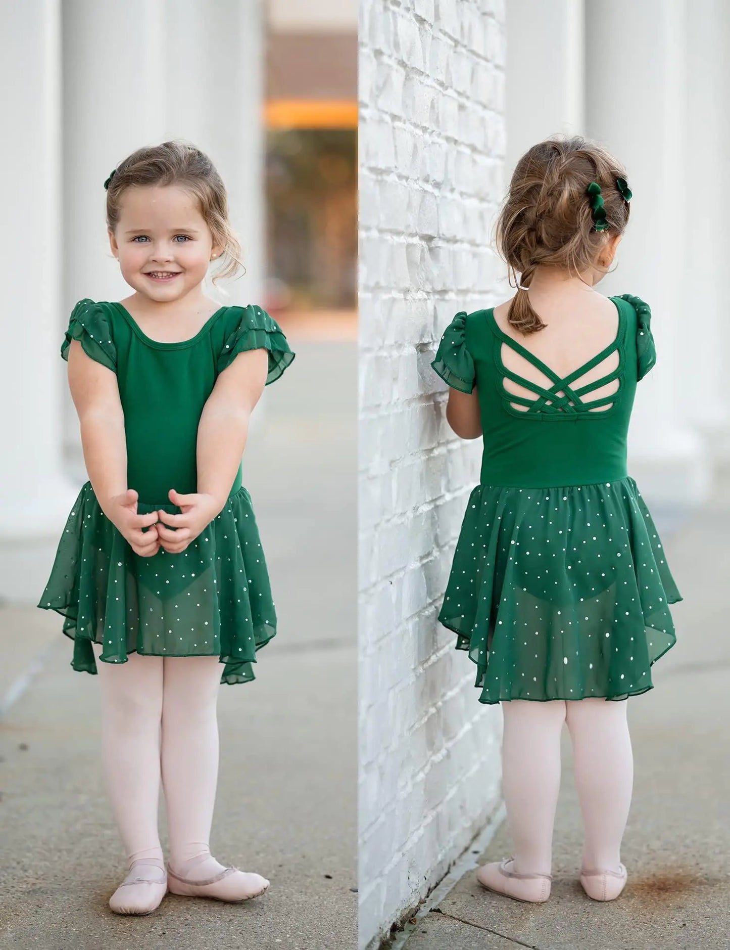 Arshiner Girls Shiny Ruffle Sleeve Ballet Leotard with Skirt Criss-Cross Back Dance Dresses 10-11 Years Dark Green