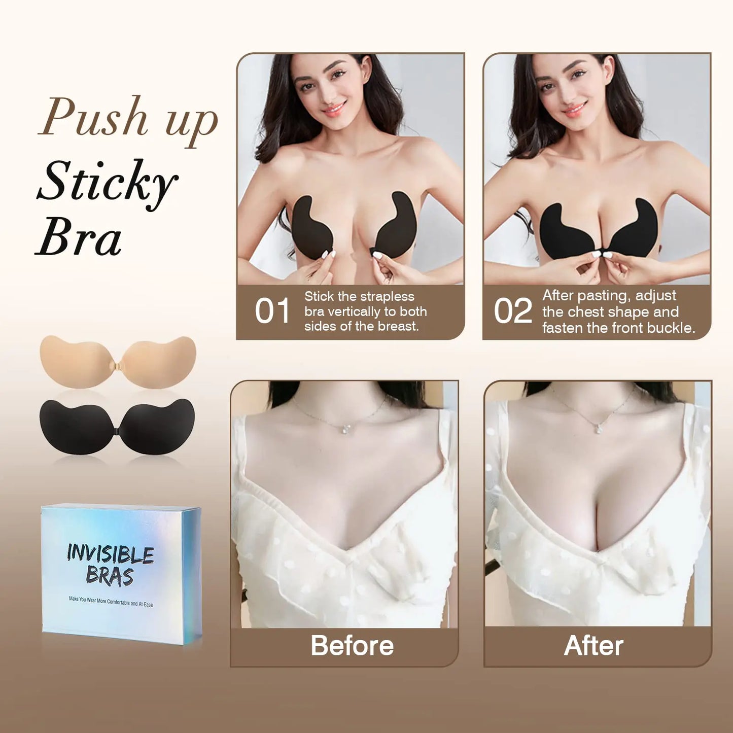 Sticky Bra Backless Adhesive Strapless Invisible Push Up Stick on Bras for Women Dresses 2 Pair Reusable Nipple Cover E