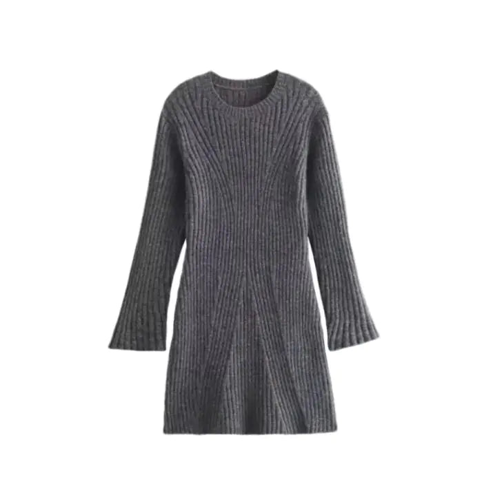 Fashion Solid Ribbed Knitted Dress Fall And Winter Slim-fit Stand-up Collar A-line Dresses Women's Clothing