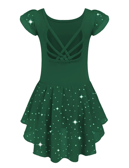 Arshiner Girls Shiny Ruffle Sleeve Ballet Leotard with Skirt Criss-Cross Back Dance Dresses 10-11 Years Dark Green